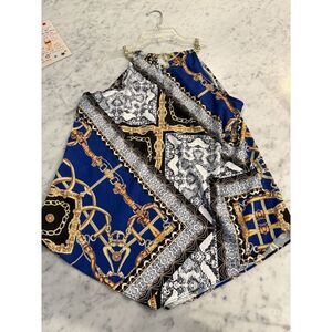 INC Top Blouse Gold Chain Halter Neck Satin Blue Sz medium